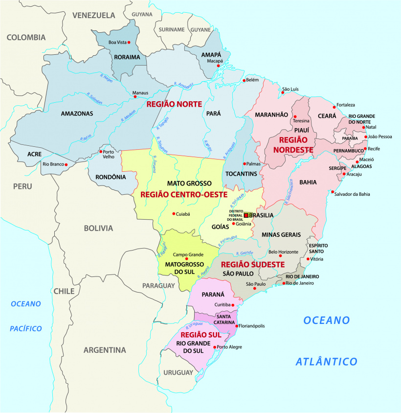 Mapa administrativo do Brasil com estados e regiões